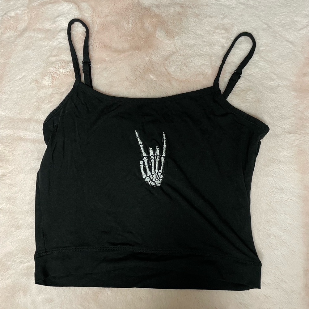 NWOT Women's S/M Black Crop Tank Top • Handmade Embroidery • Rock on